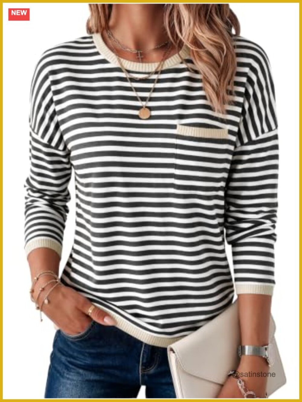 Oversized Striped Crewneck Sweater Relaxed Fit Long Sleeve Pullover